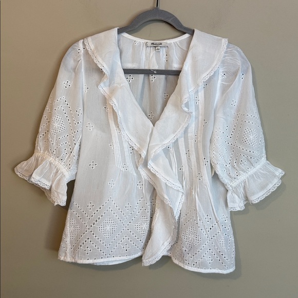NWT- Madewell Pintuck Ruffle Puff Sleeve Top, White, Medium - Picture 4 of 12